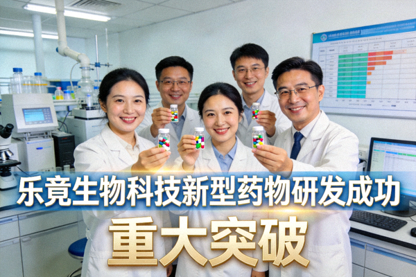 乐竟生物科技新型药物研发成功，科研团队在实验室手持样本庆祝的重大突破新闻配图