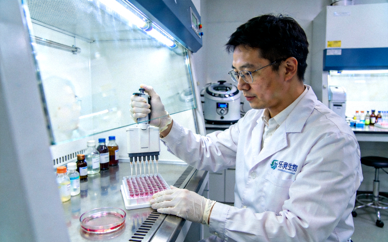 乐竟生物药创新平台实验室内研究人员正在进行细胞培养与药物筛选实验的照片