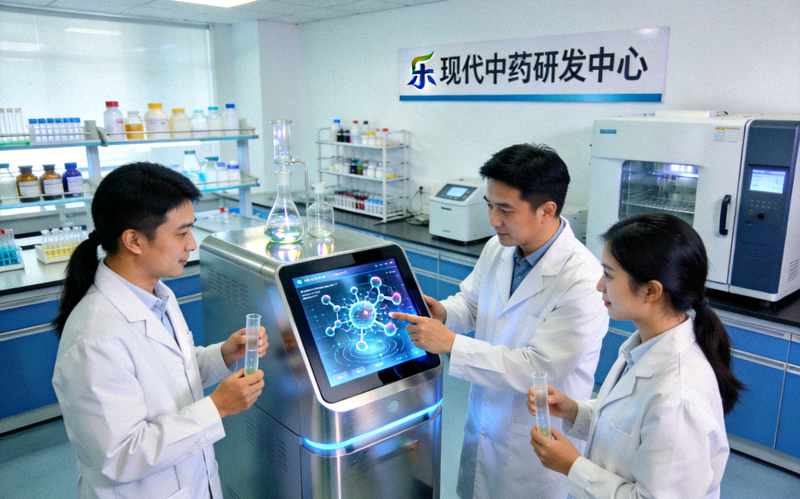 乐竟现代中药研发中心内科研人员使用数字化设备分析中药活性成分的场景